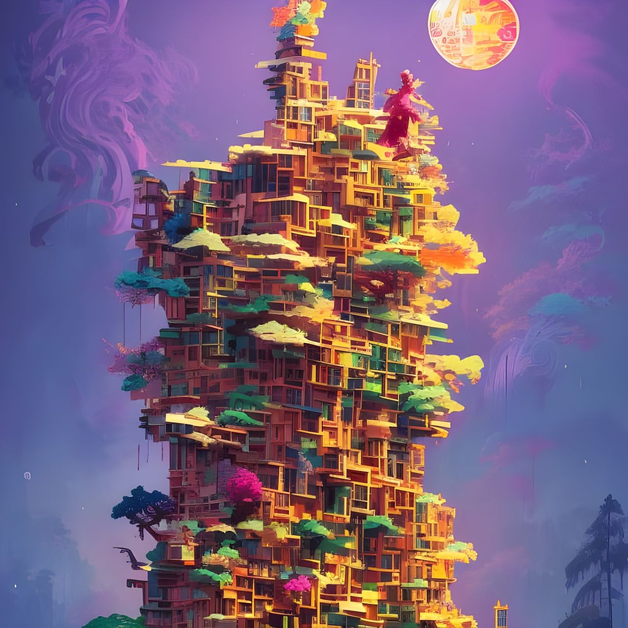 Unstable Jenga Tower in Japanese Art Style