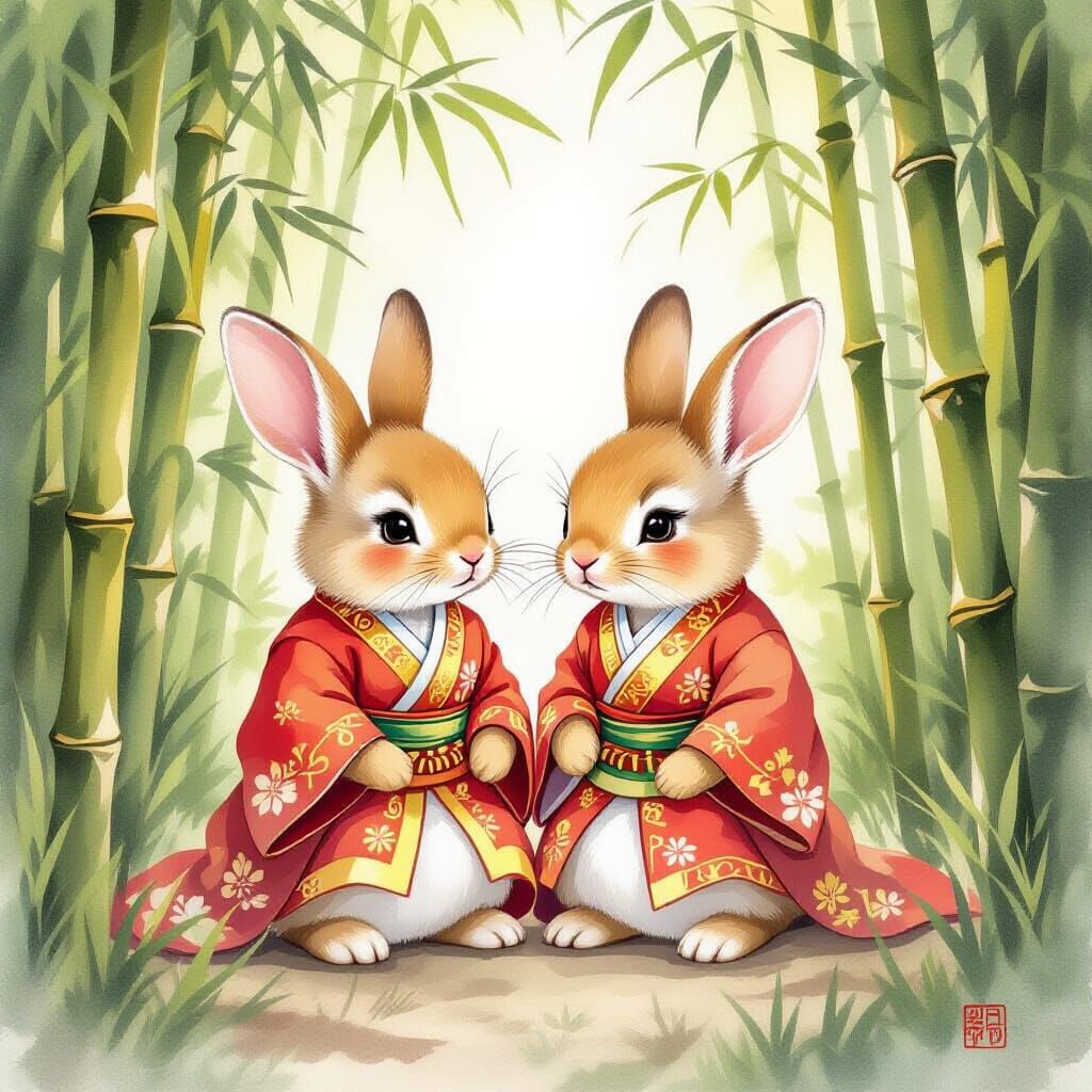 Adorable Bunnies in Chinese Silk Robes in Bamboo Forest