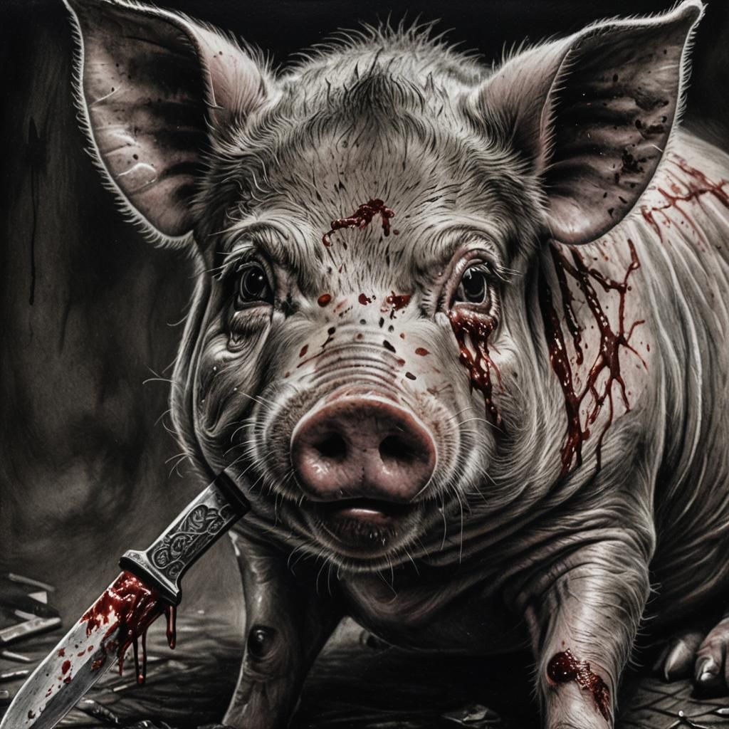 Murderous Pig with Knife: Charcoal Drawing