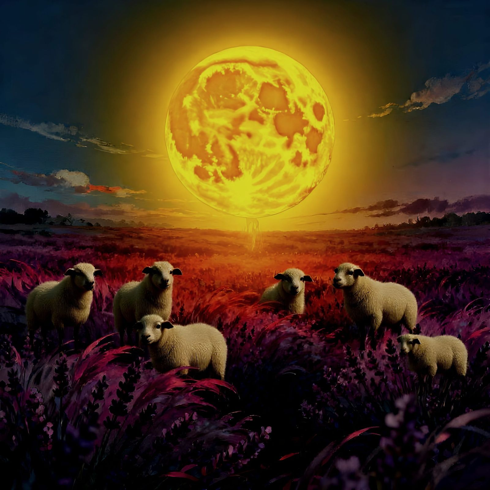 Ethereal Digital Painting of a Fiery Moon Over Lavender Fiel...