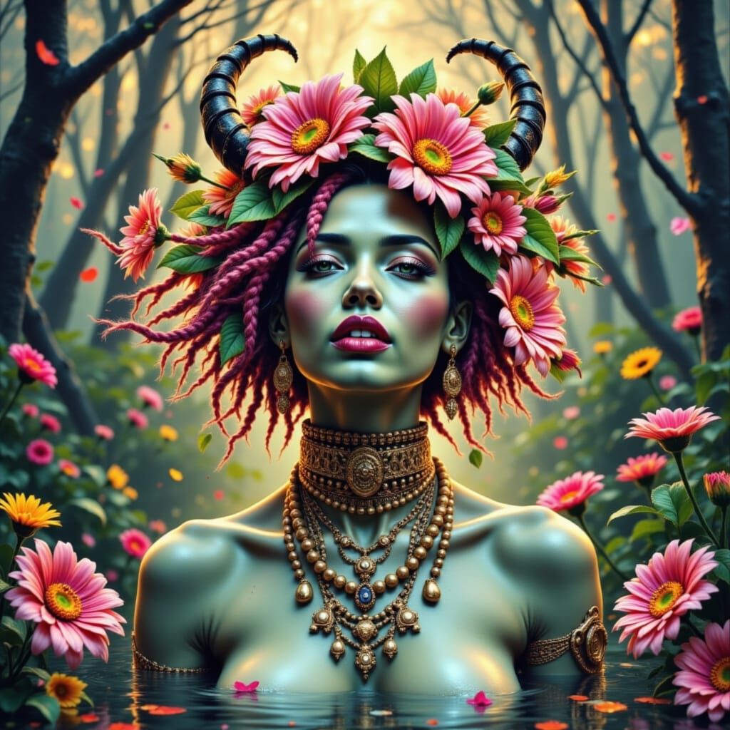 River Goddess Walking on Water in Cyberpunk Style