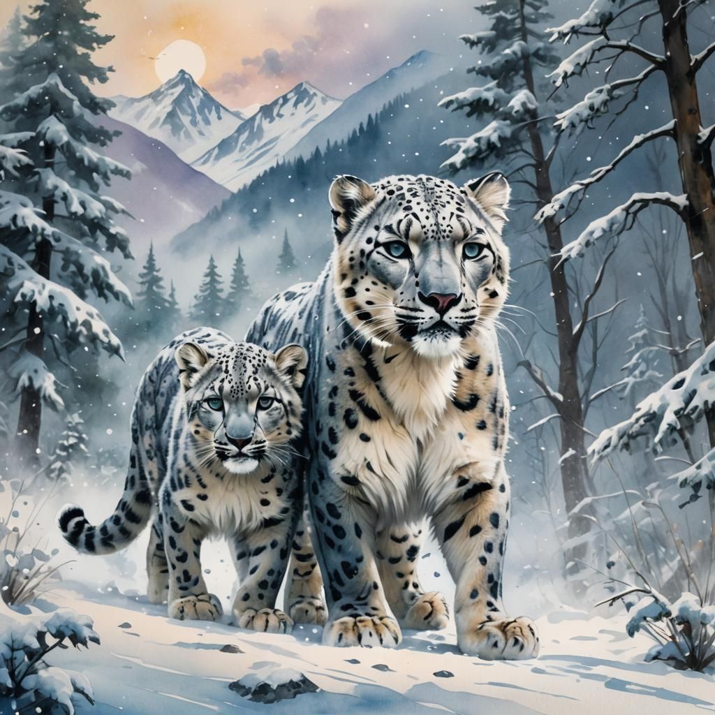 Snow Leopard Family in Winter Wonderland: Watercolor Sketch