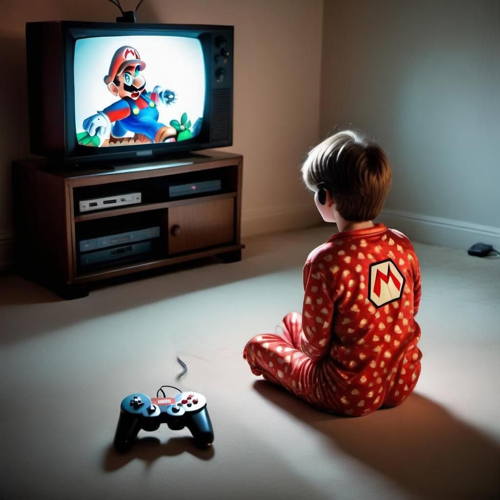 1980s Child Plays Mario Game: Hyperrealistic Photography