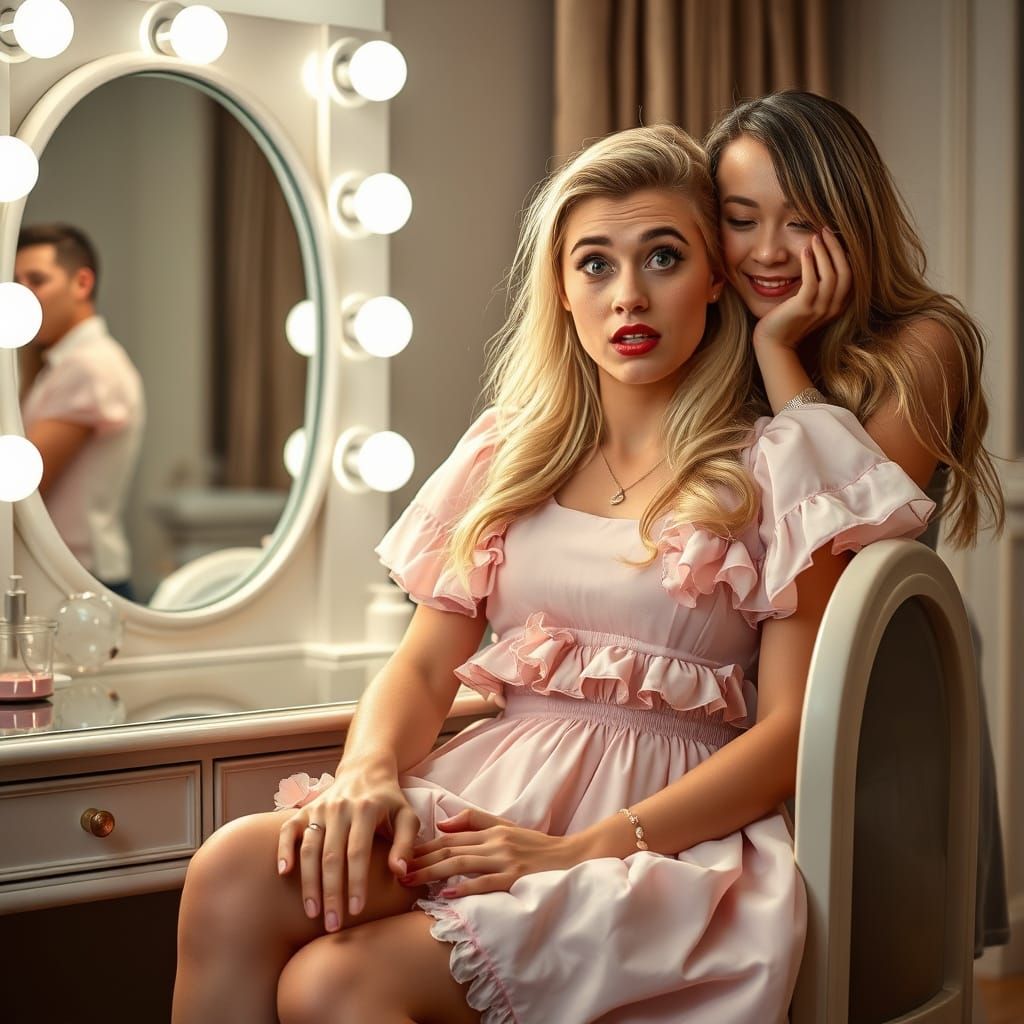 Surprised Man in Frilly Dress at Vanity