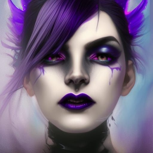 Ethereal gothic vampire with Black lights& purple eyeshadow& Black lipstick& purple eyes& jet black hair& purple glow