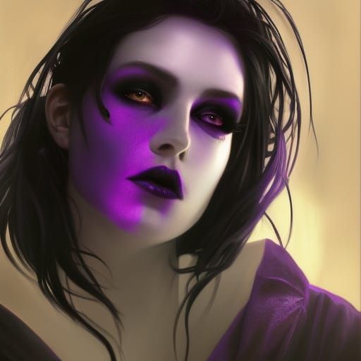 Ethereal gothic vampire with Black lights& purple eyeshadow& Black lipstick& purple eyes& jet black hair& purple glow