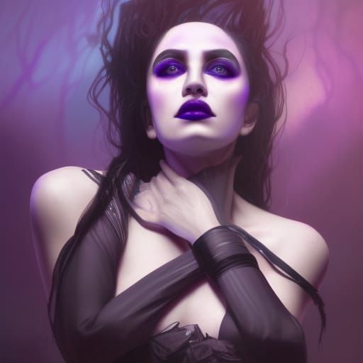 Ethereal gothic vampire with Black lights& purple eyeshadow& Black lipstick& purple eyes& jet black hair& purple glow