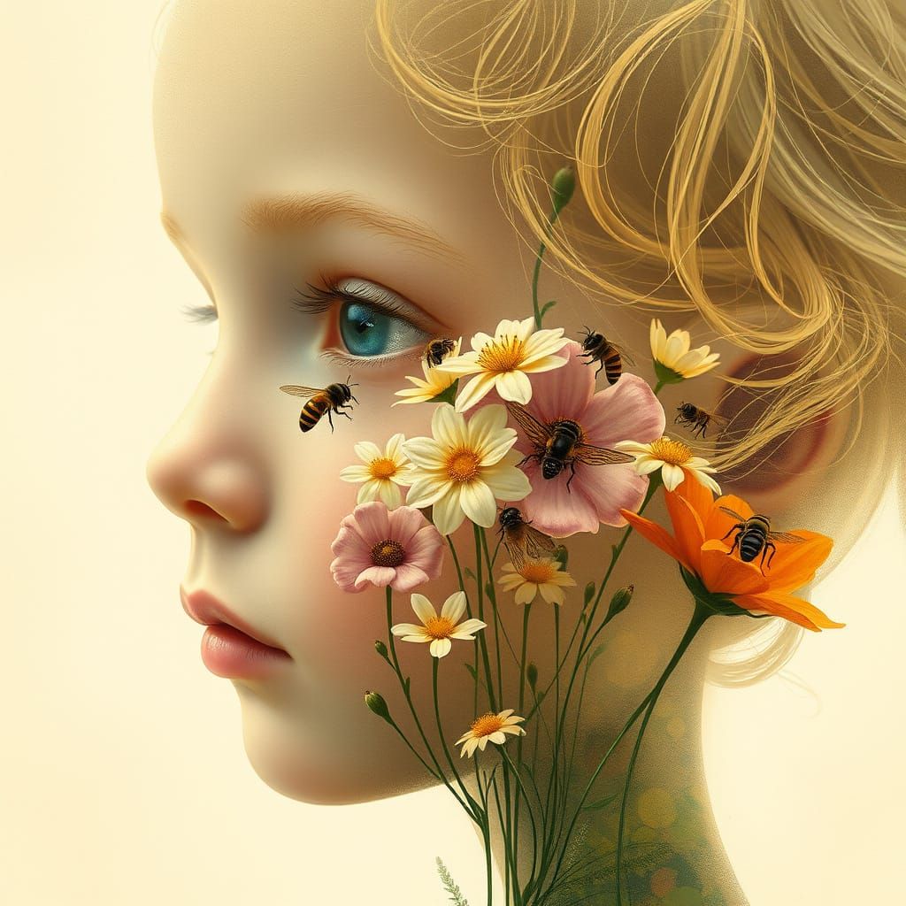 Art Nouveau Child with Flowers and Bees