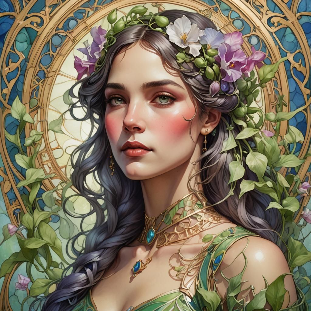 Art Nouveau Sweet Pea Portrait in Watercolor