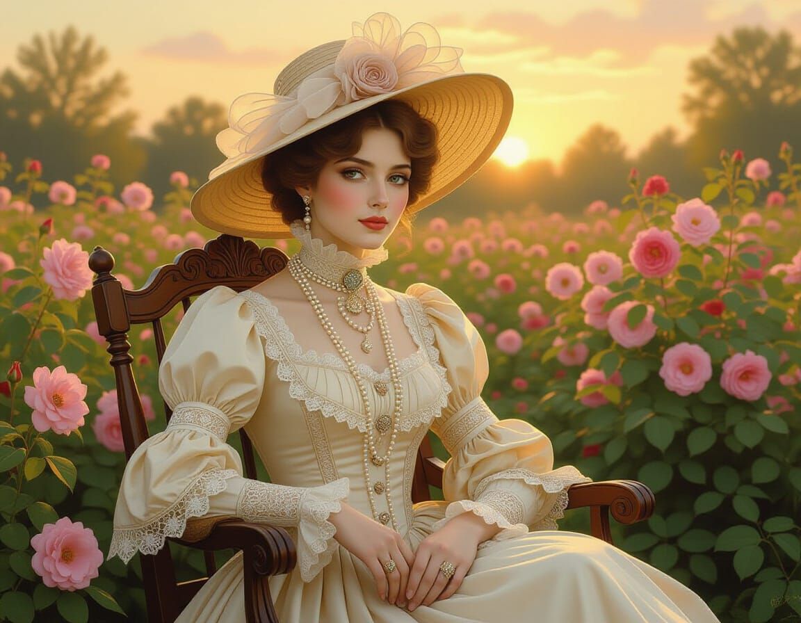 Victorian Woman in Rose Garden, Classical Oil Painting