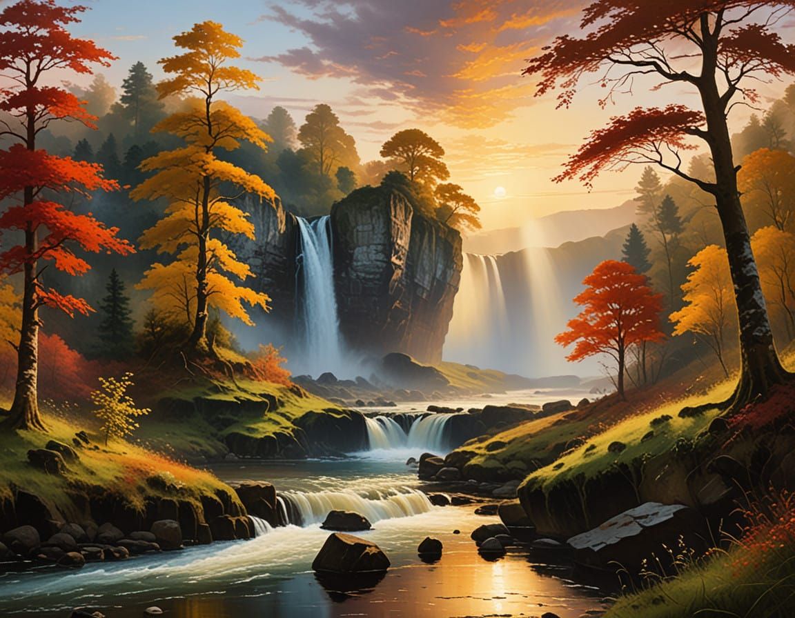 Autumn Forest Waterfall in Impasto Gouache Style