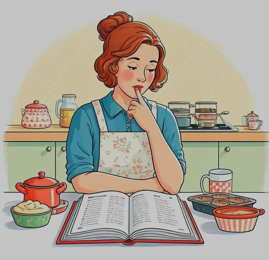 Woman Contemplates Recipe, Cheerful Illustration