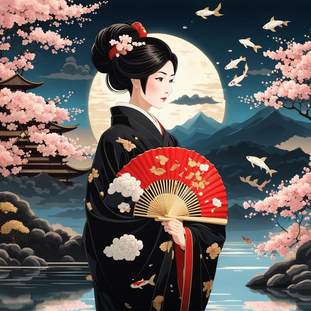 Woman with Fan in Realistic Anime Style