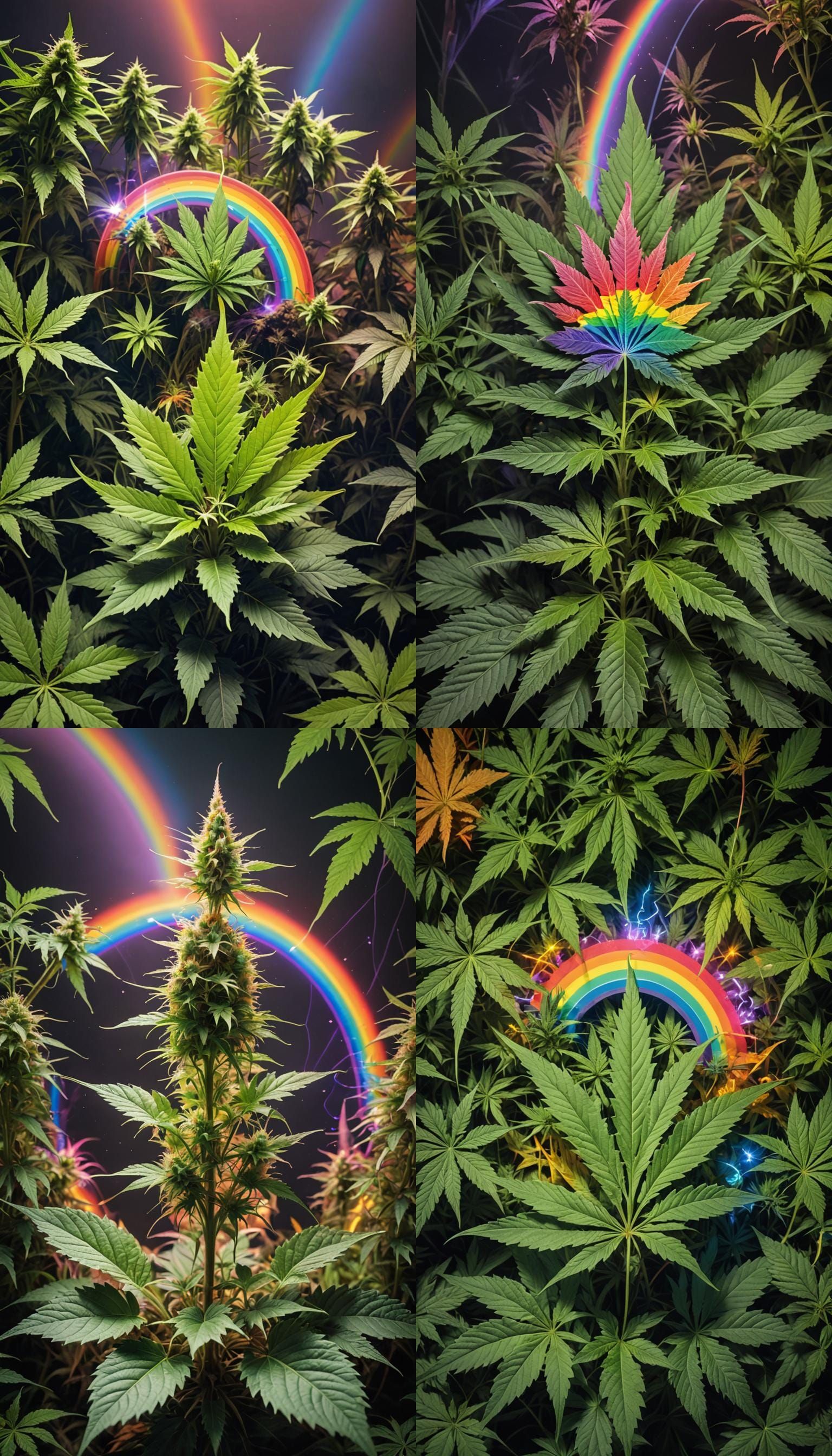 Miniature World on Cannabis Leaf with Rainbow Lasers