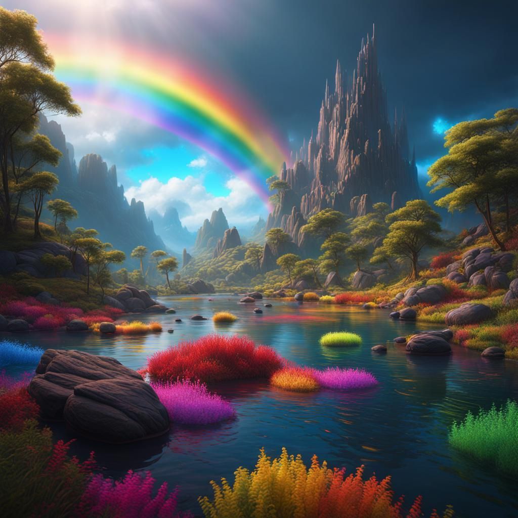Rainbow Water in Detailed Matte Painting Style