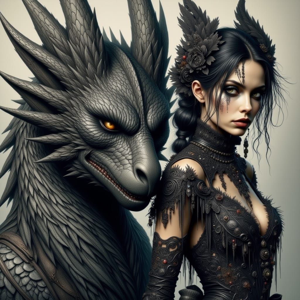Gothic Female Empowered by Majestic Dragon in Dark Fantasy C...