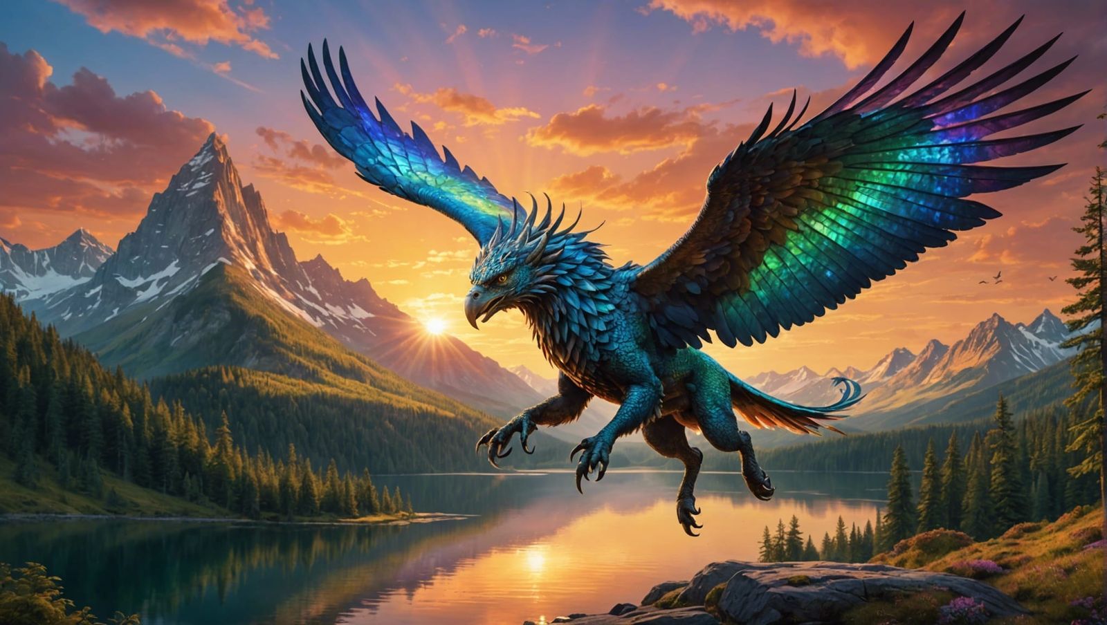 Iridescent Griffin Flies Above Enchanted Forest
