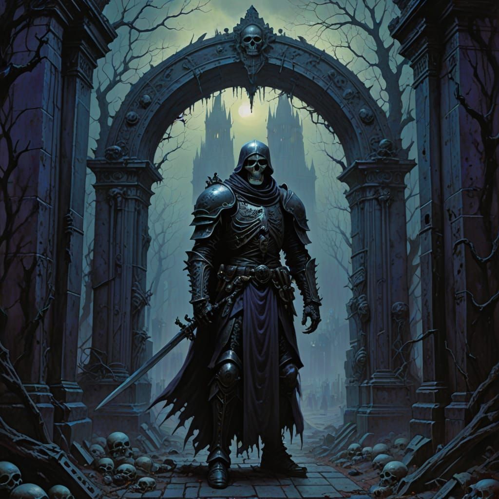 Spectral Knight Guarding Bone Gate in Dark Fantasy Art