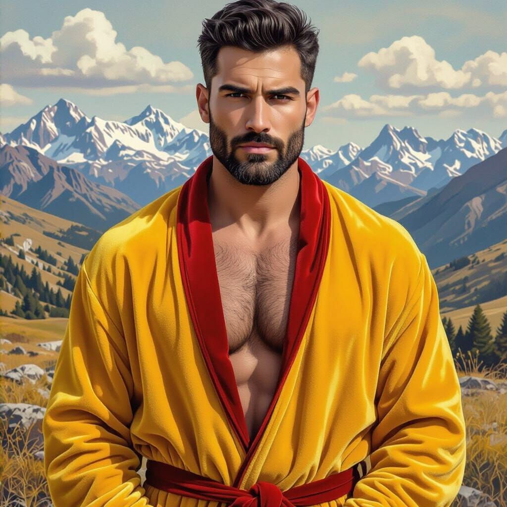 Masculine Hunk in Yellow Velvet Robe Amidst Mountains