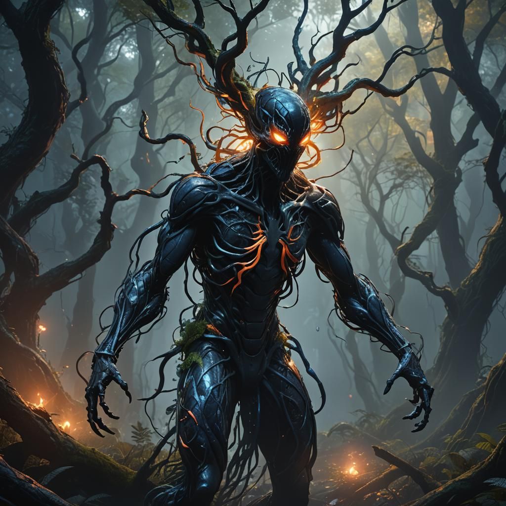 Symbiote-Covered Humanoid in Mystical Forest: Digital Art
