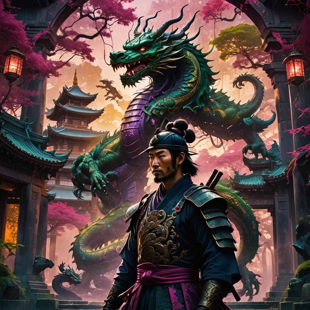 Samurai and Dragon Double Exposure Matte Painting