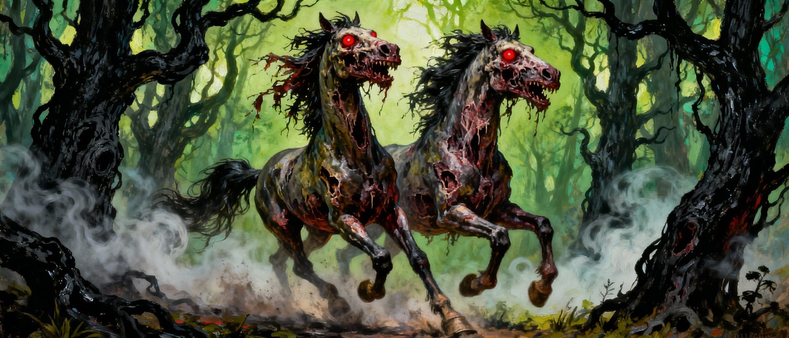 Sinister Zombie Horse Gallops Through Forest in Surreal Horr...