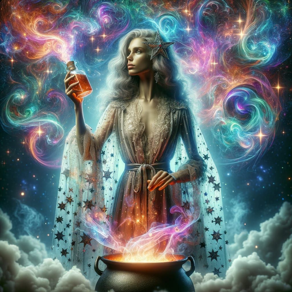 Mystical Sorceress with Cauldron and Potions