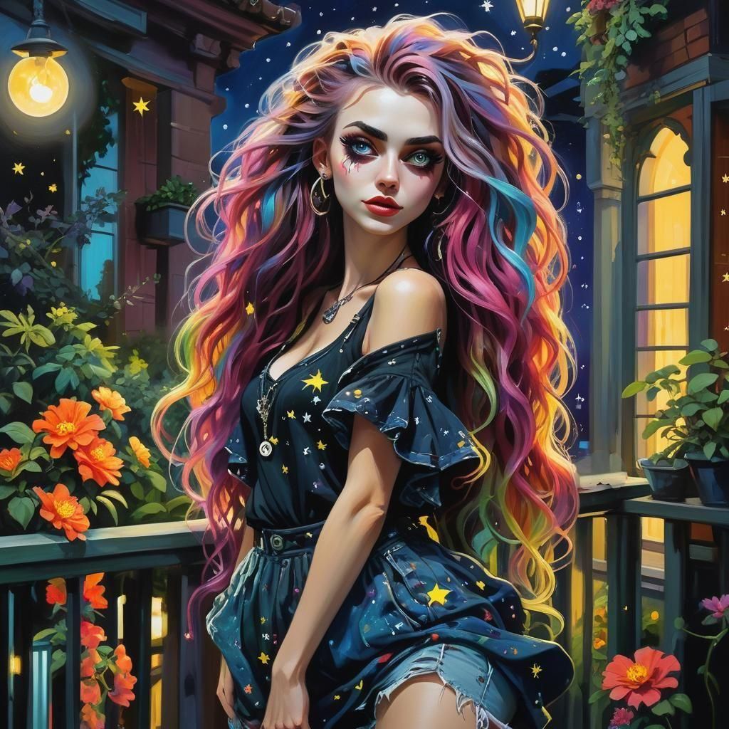 Mischievous Woman on Balcony: Detailed Oil Painting