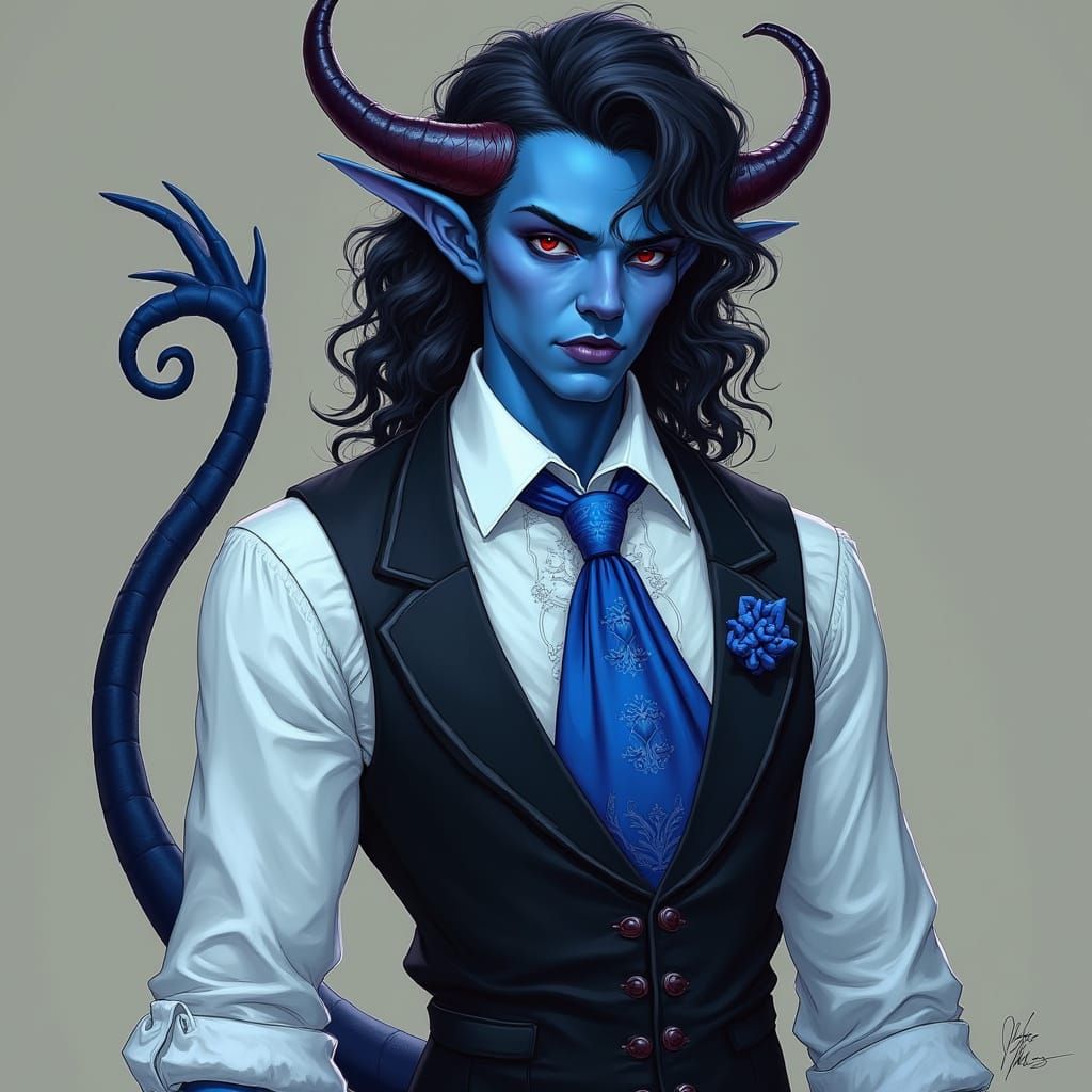 Elegant Dark Fantasy Butler in Vibrant Blue Attire