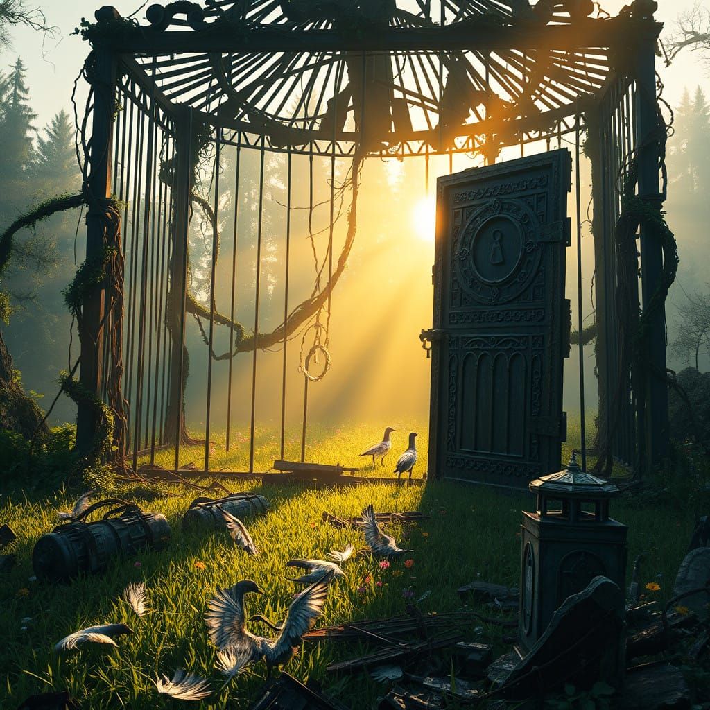 Mystical Iron Cage Liberation Scene in Dreamlike Style