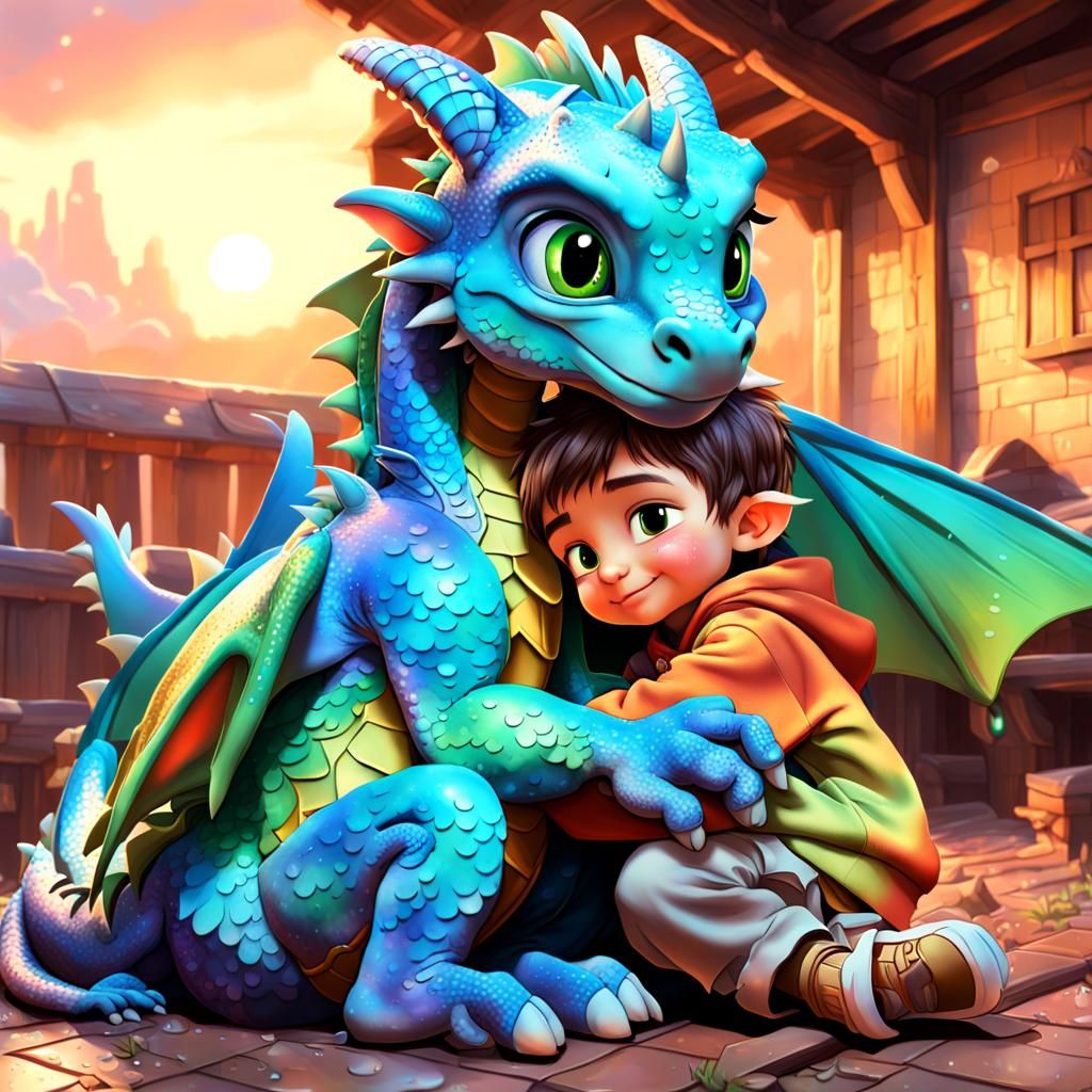 dragon  hugs stable boy