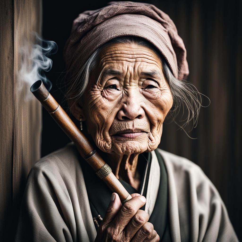 Portrait very old asian woman wrinkled face smoking long pipe