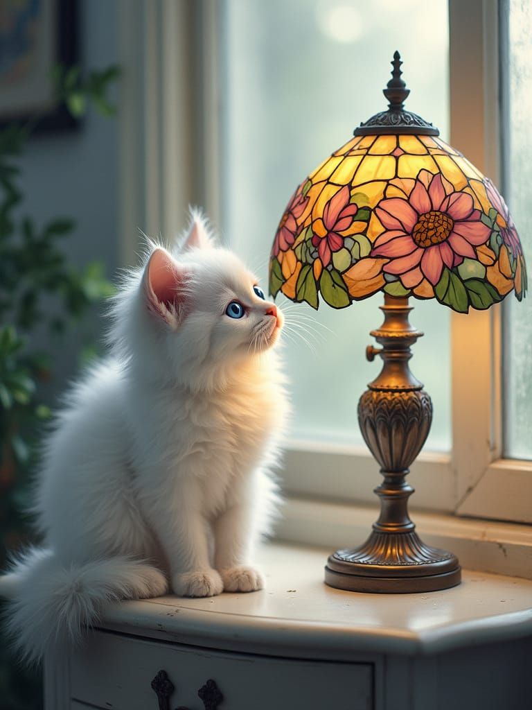 Kitten Gazing at Tiffany Lamp in Kinkade Style