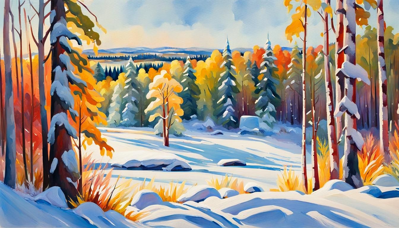 Finnish Winter Landscape in Gouache Style