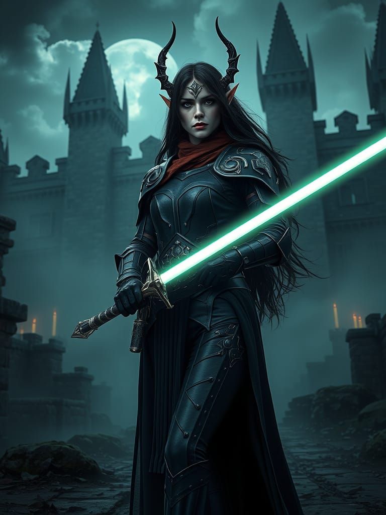 Regal Dark Elf Warrior in Mystic Castle Grounds, Cyberpunk F...