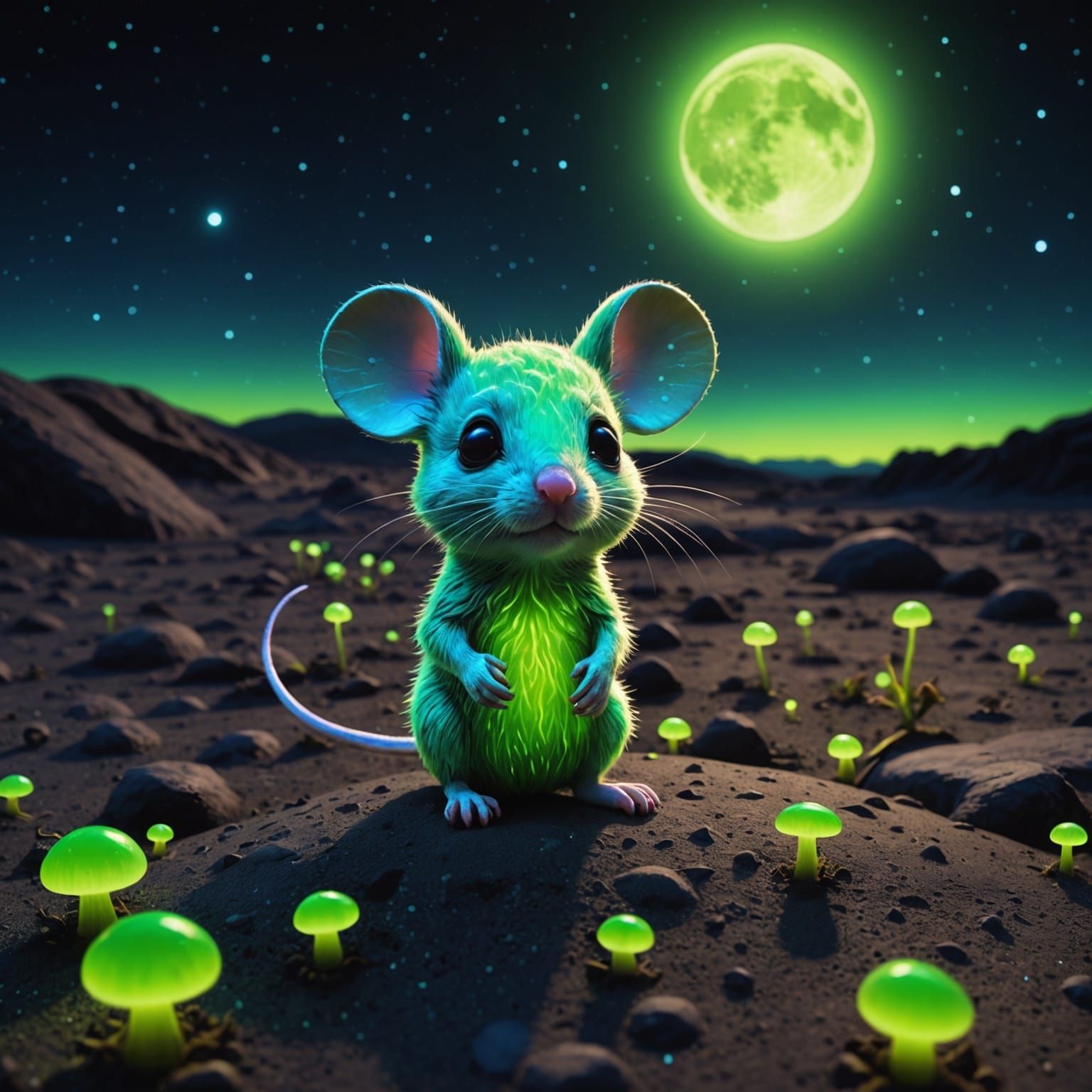Bioluminescent Chibi Mouse on Moon in Hyperrealistic Photo