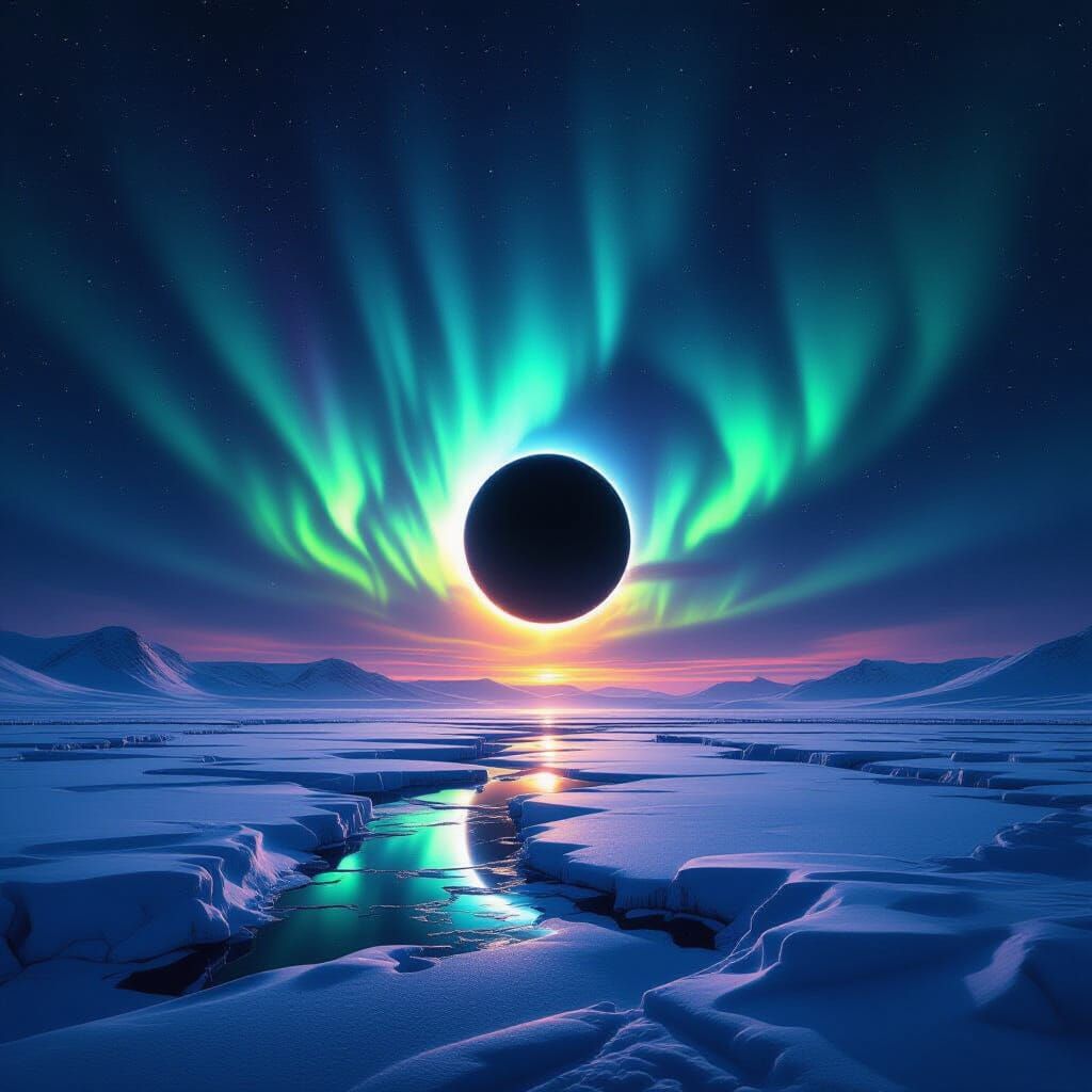 Solar Eclipse Aurora Over Snowy Landscape