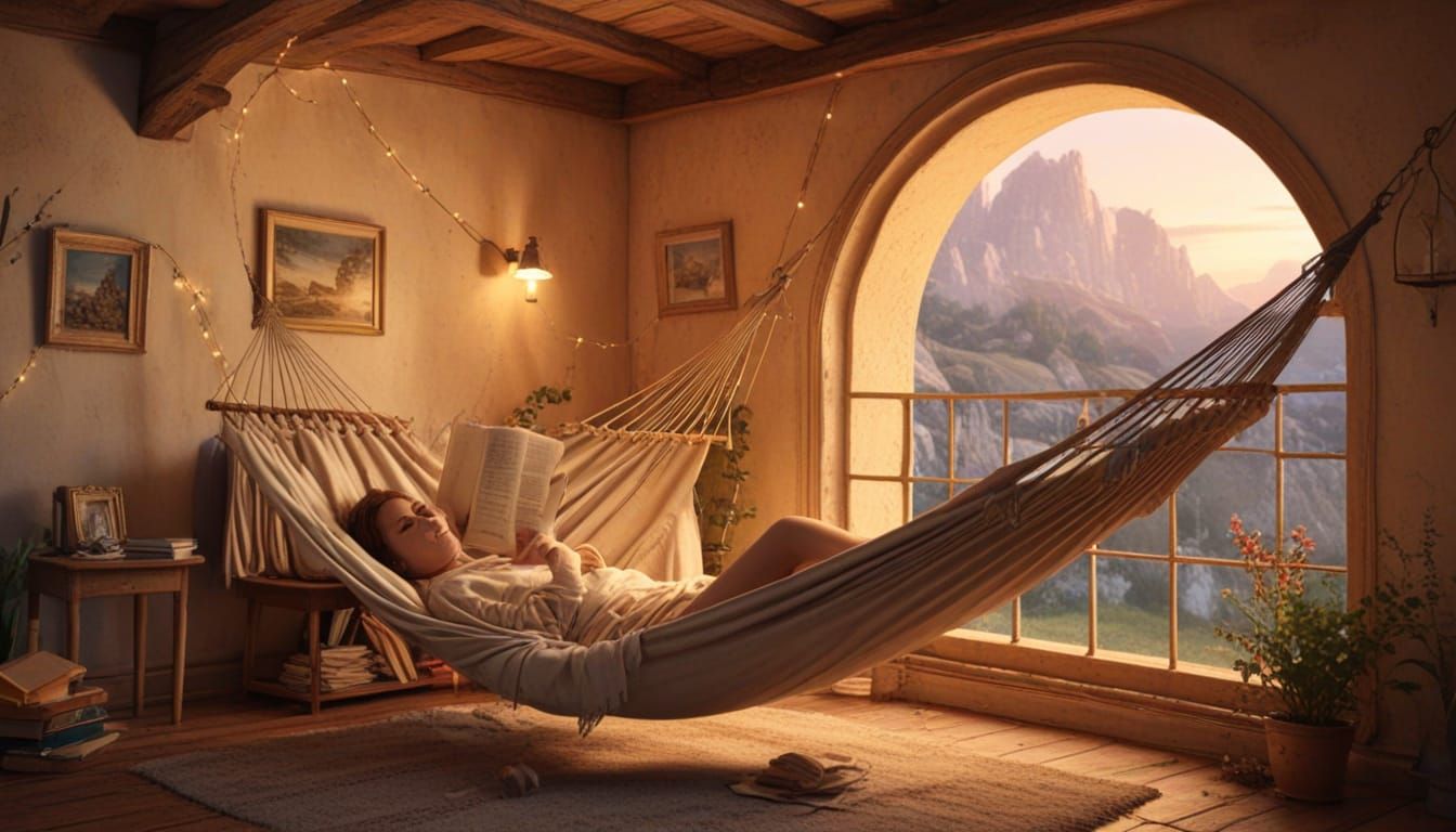 Cozy Reading Nook with Hammock in Watercolor Style