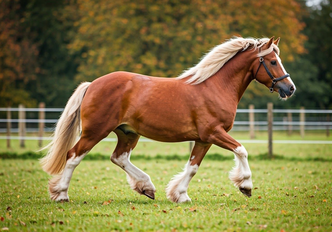 Welsh Cob Pony in Trot, Photorealistic Autumn Scene