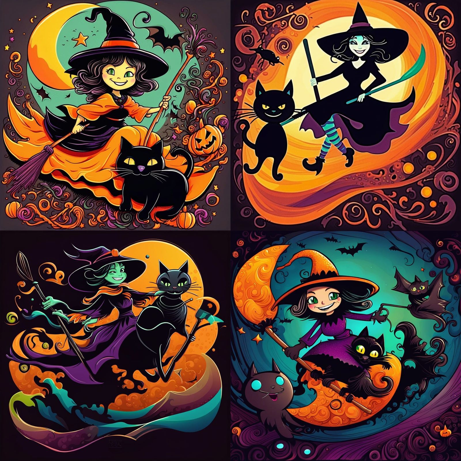 Happy Halloween Witch with Cat in Abstract Fractal Art