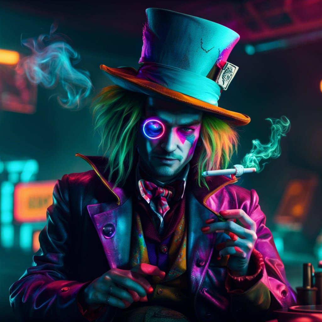 Cyberpunk Mad Hatter Smokes in Wonderland