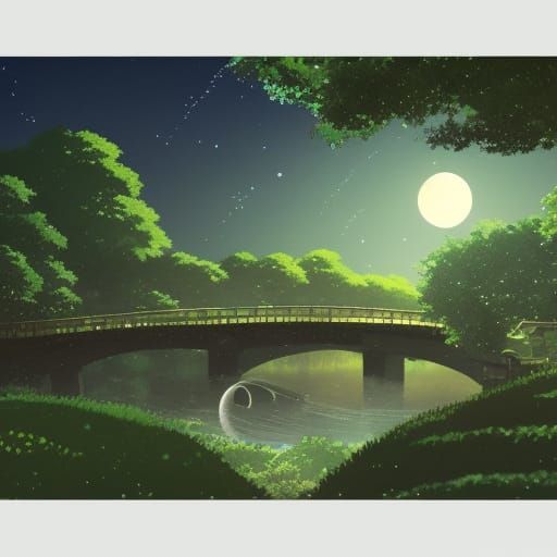 Night Bridge Under Crescent Moon: Ghibli-esque Scene