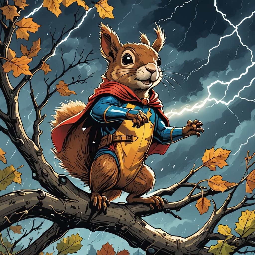 Superhero Squirrel in Storm: Cartoon Digital Art