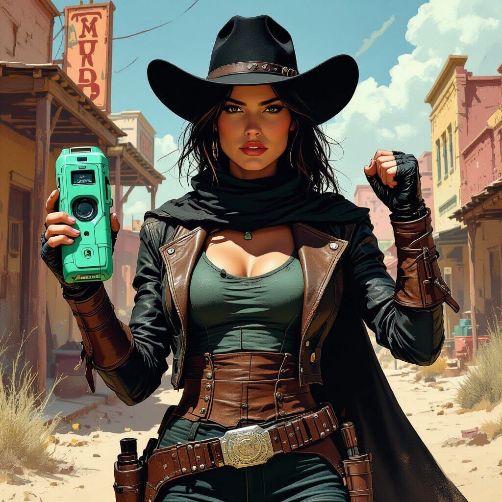 Sci-Fi Western Woman in Dusty Town, Syd Mead Style