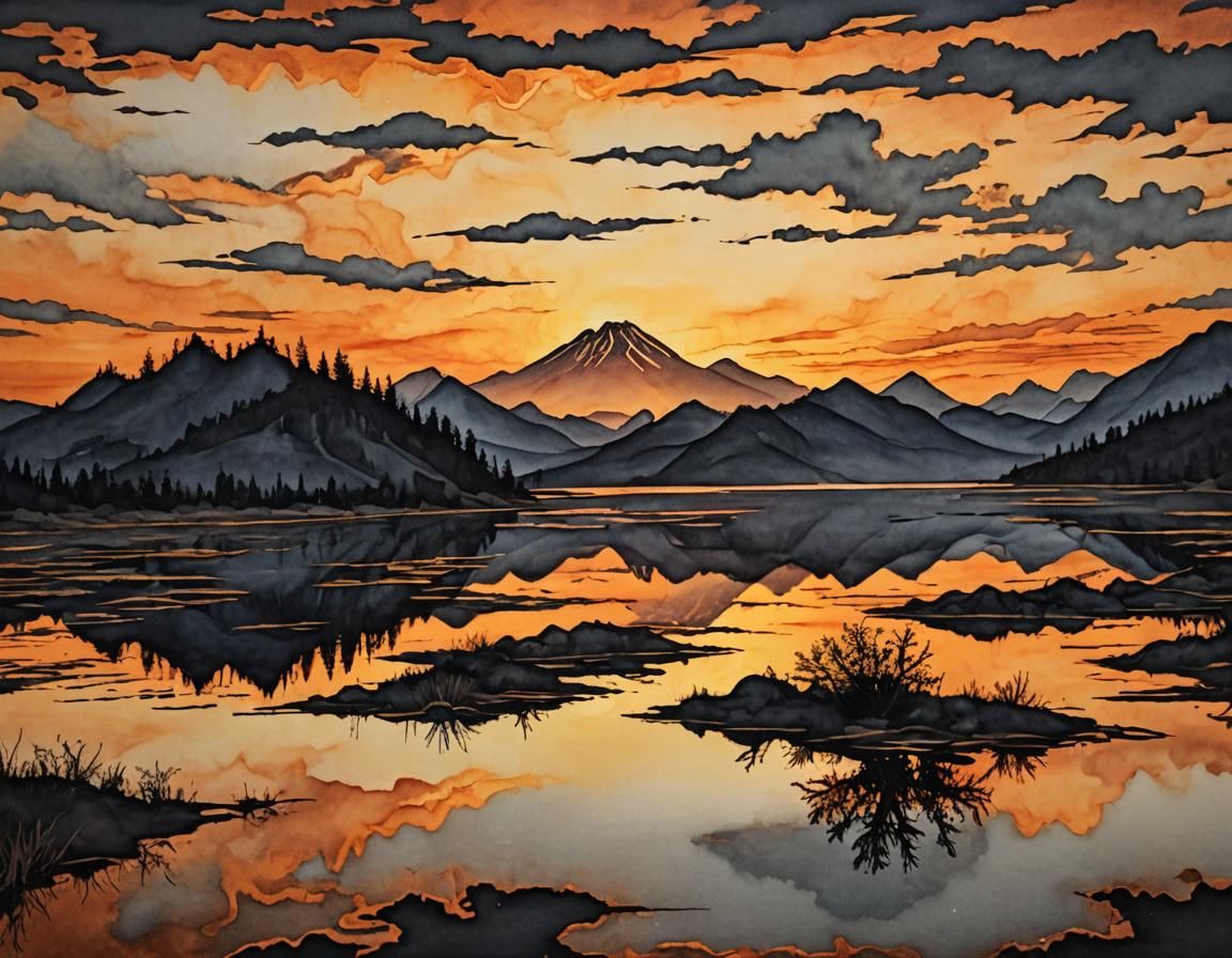 Orange Sunset Lake Reflection in Alcohol Ink