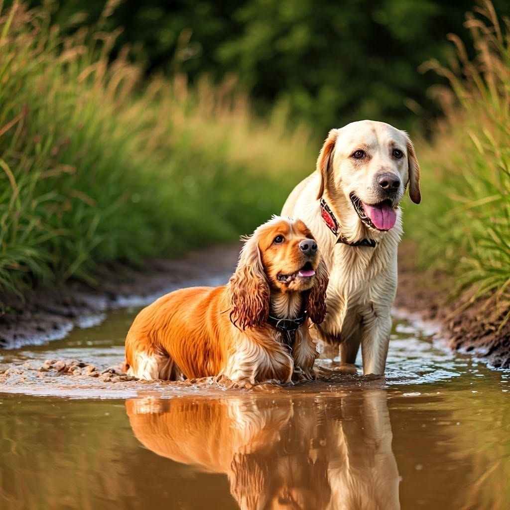 Dogs Play in Mud Puddle: Wildlife Art Style