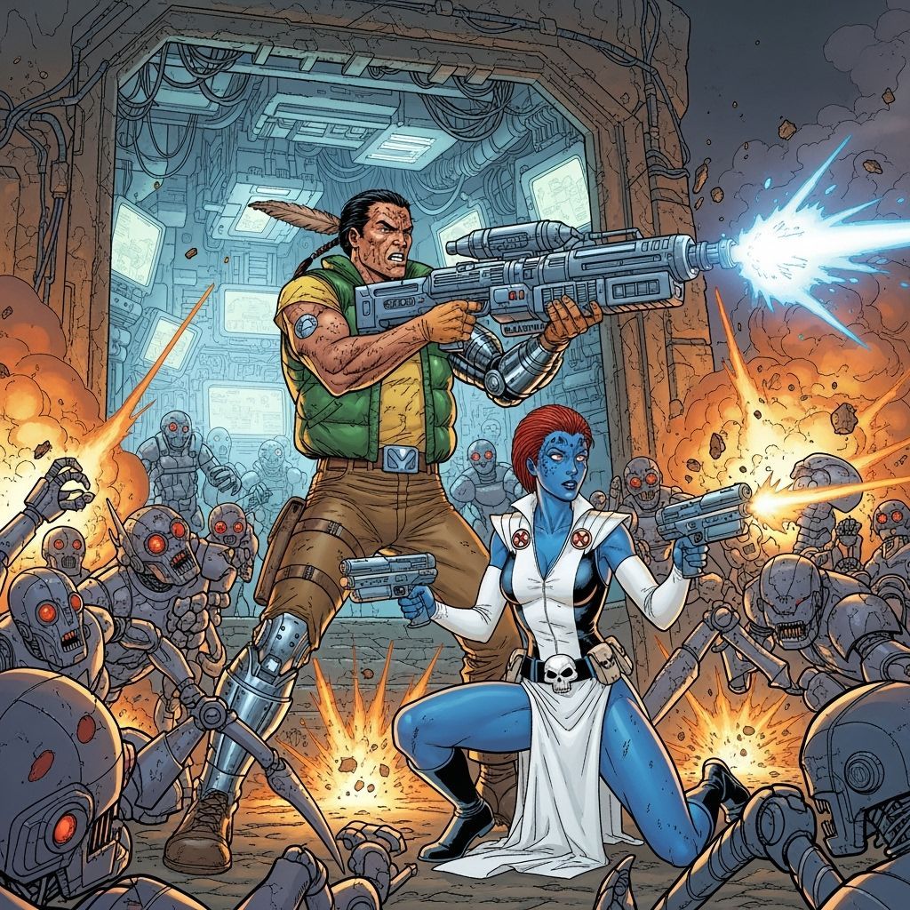 Forge and Mystique Battle Robots in Comic Art Style