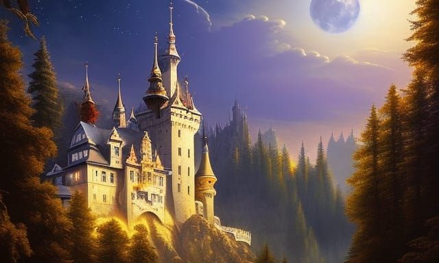 Fantasy Bavarian Castle by Lake: Ink Calligraphy Art