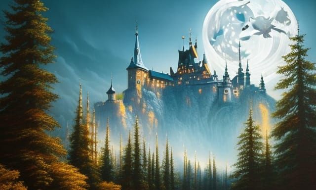 Fantasy Bavarian Castle Ink Painting by Lake