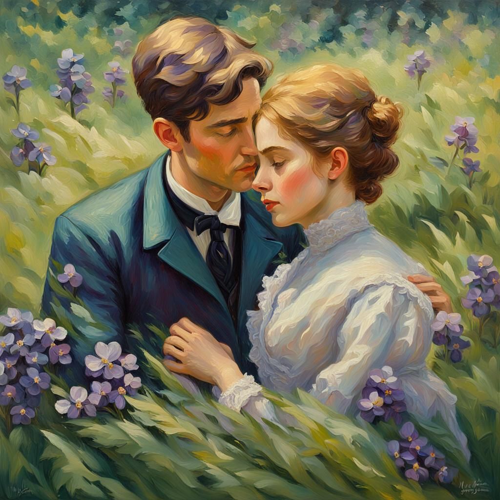 Neo-Impressionist Painting of Couple in Violet Meadow